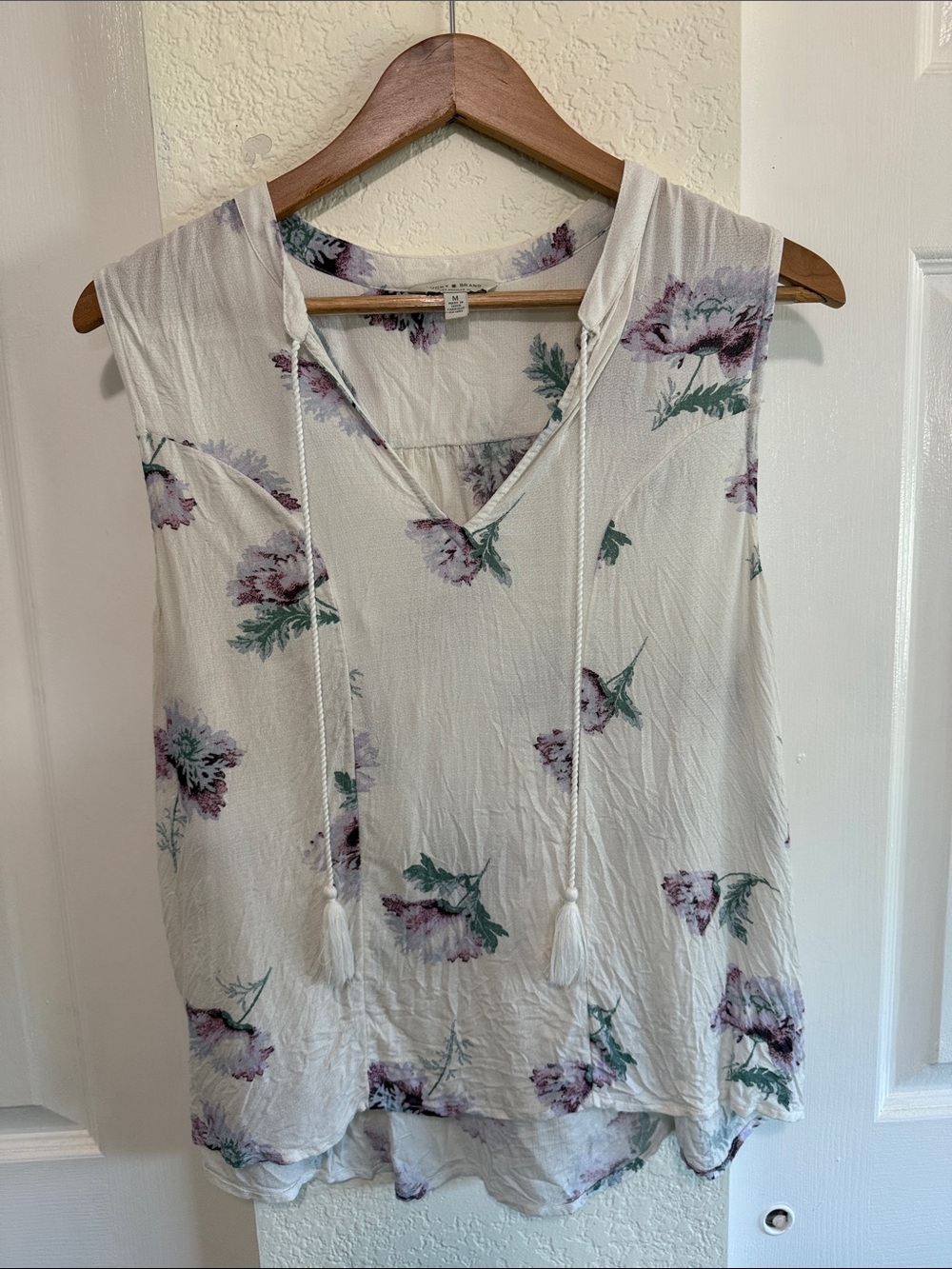 Lucky Brand White Floral V-Neck Tank with Tassels